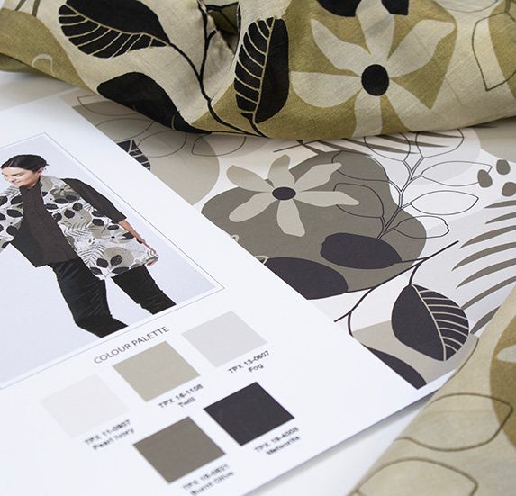 Fashion illustration beside a neutral colour palette and fabric pattern