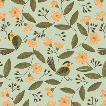 Orange blossom and bird pattern on sage