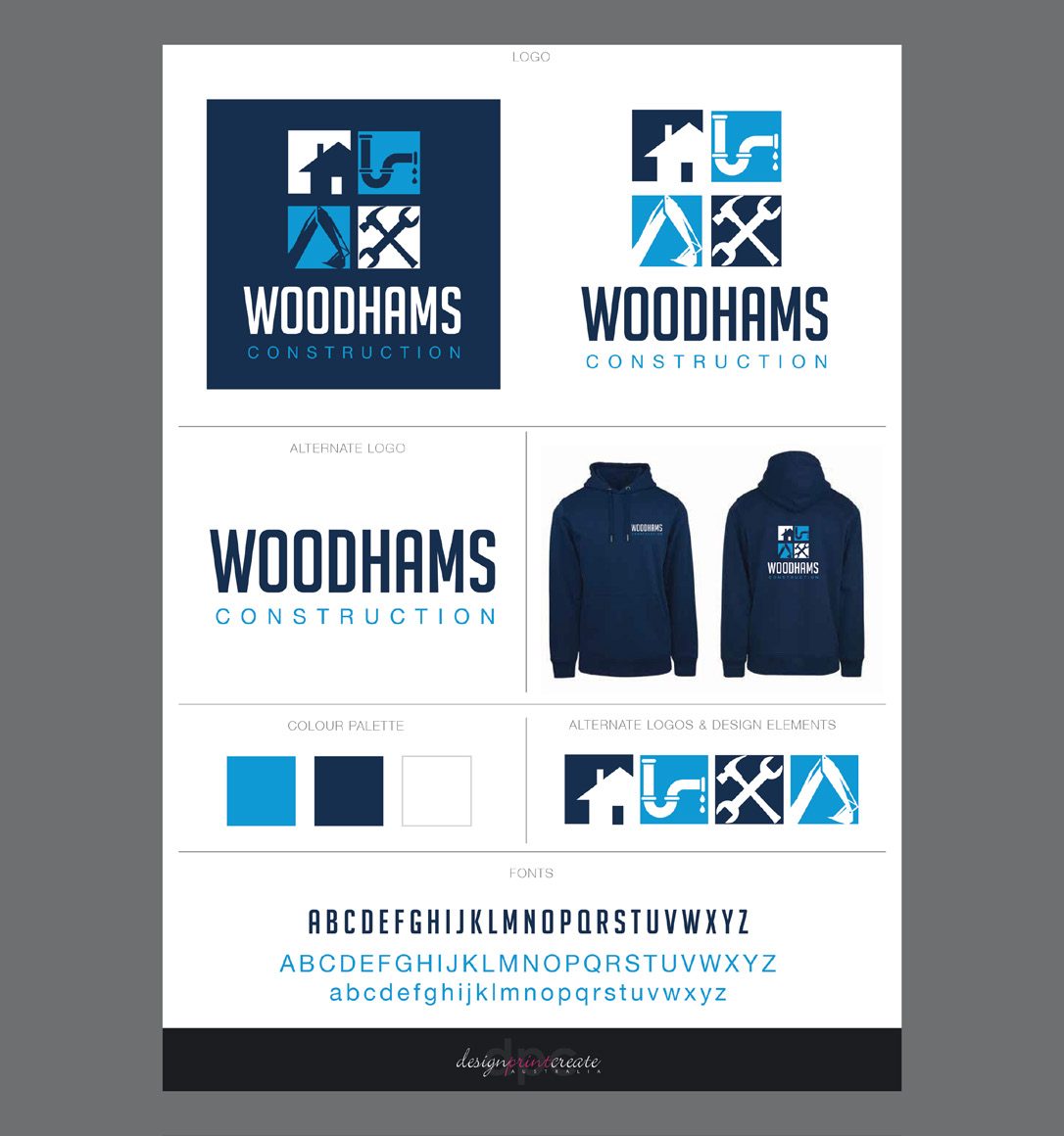 Woodhams Construction logo suite, hoodie and brand fonts
