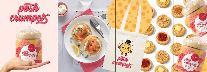 Posh Crumpets packaging, breakfast plate, tote bag and crumpet close-ups
