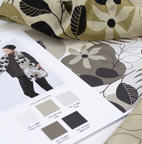 Neutral floral textile designs with a colour palette card